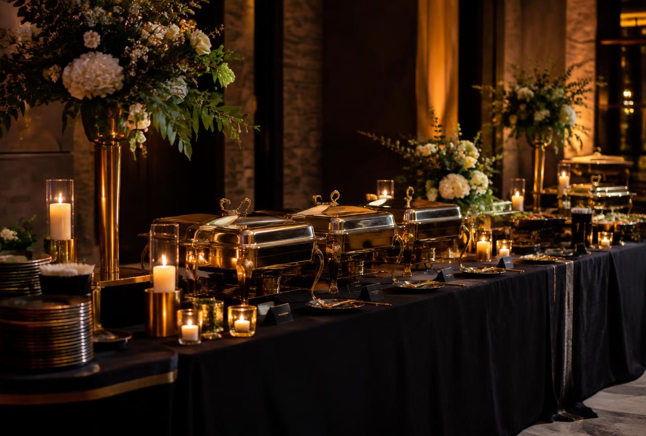 Candlelit buffet table with gold chafing dishes